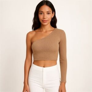Shein Ribbed One-Shoulder Long Sleeve Crop Top – Tan | Size XS